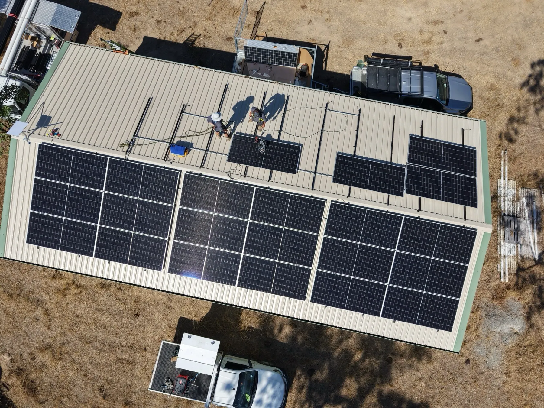 Aerial view of the Woodstock shed roof with the solar panels being installed