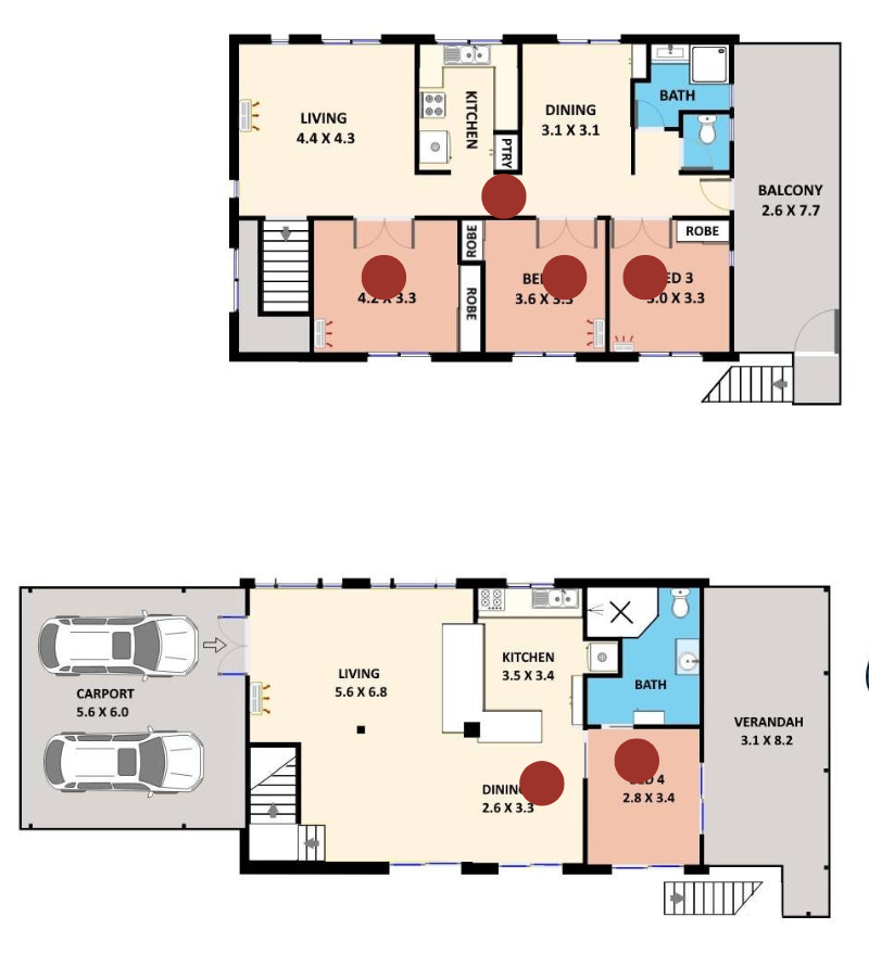 How many smoke alarms are required in a double storey home. This home floor plan indicates where smoke alarms should be placed.