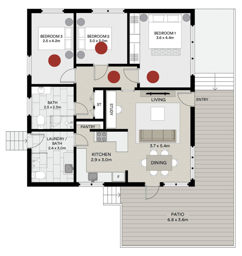 How many smoke alarms are required in a single storey home. This home floor plan indicates where smoke alarms should be placed.